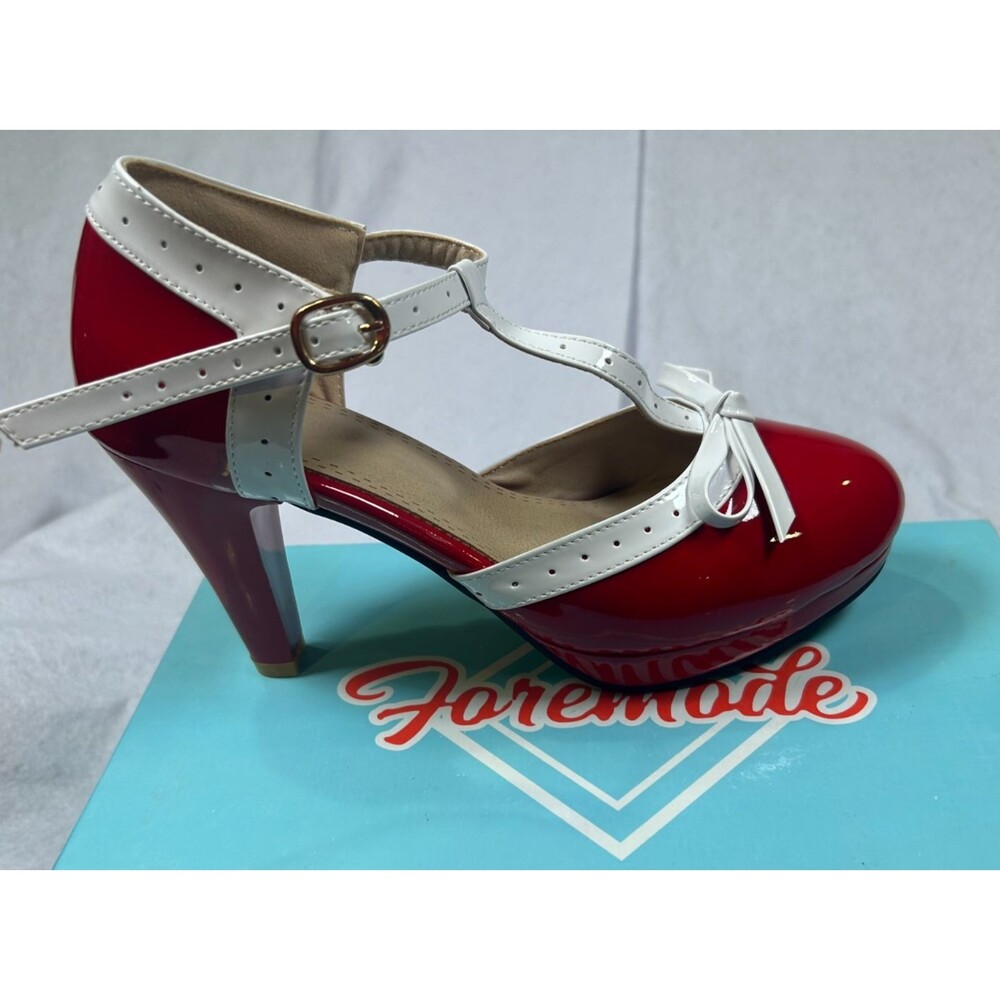 Foremode Red White Patent Mary Jane Heels Bow T-Strap Platform Pumps Womens EU 3